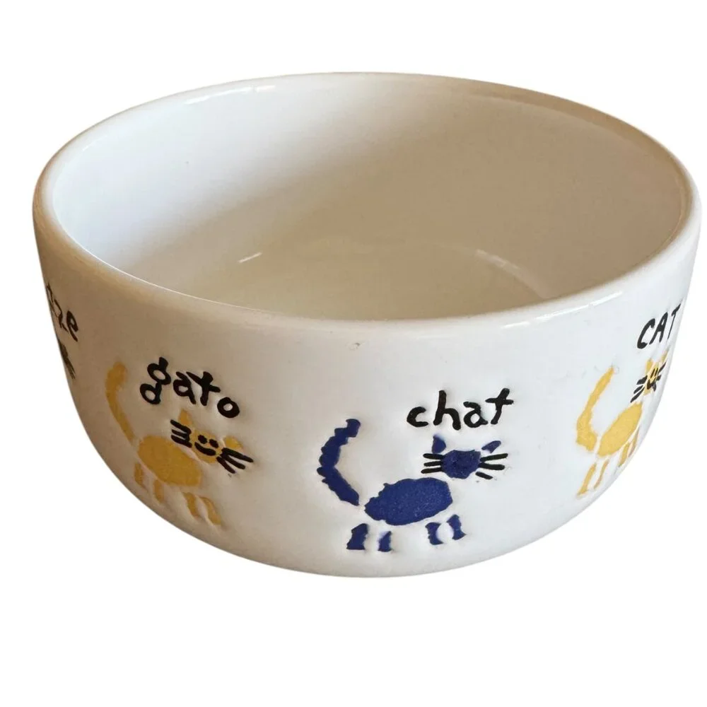 Vintage Waechtersbach Cat Food Water Bowl Ceramic Multiple languages Graphics
